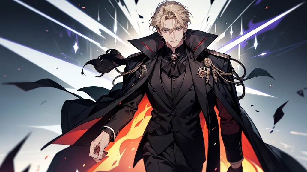 Create an image of a 38-year-old man with short dark blonde hair, dignified and charismatic.. Your hair can be styled in a more natural way., perhaps partially tied or floating gently in the wind. his eyes are purple, transmitting firmness and wisdom. He wears clothes that portray a gentlemanly atmosphere., although it is currently not in service. The suit he wears is completely black., with a loose cloak behind him, reflecting elegance and mystery, Elemental firepower D minus grade, which was responsible for the ability power. How did such a trivial character end up at the prestigious Marchen Academy??