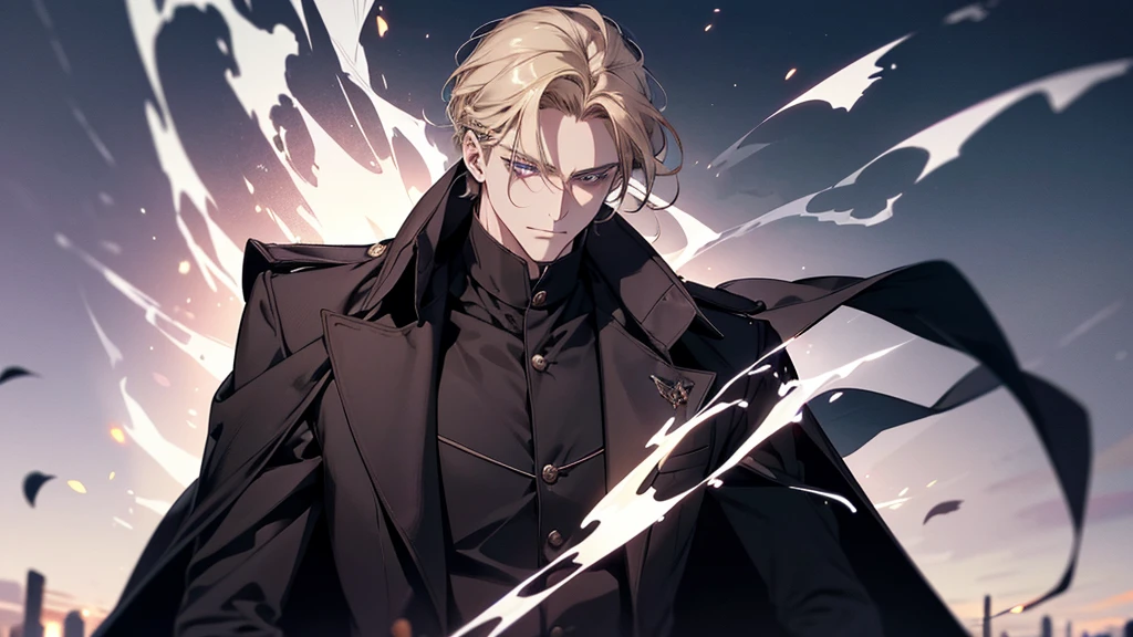 Create an image of a 38-year-old man with short dark blonde hair, dignified and charismatic.. Your hair can be styled in a more natural way., perhaps partially tied or floating gently in the wind. his eyes are purple, transmitting firmness and wisdom. He wears clothes that portray a gentlemanly atmosphere., although it is currently not in service. The suit he wears is completely black., with a loose cloak behind him, reflecting elegance and mystery, Elemental firepower D minus grade, which was responsible for the ability power. How did such a trivial character end up at the prestigious Marchen Academy??