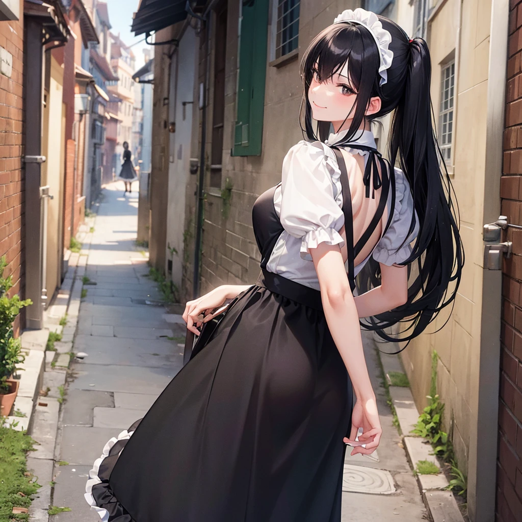 A maid with long black hair smoking a cigarette in a European back alley(1people)turns around with a fearless smile。 Ruffled Skirt