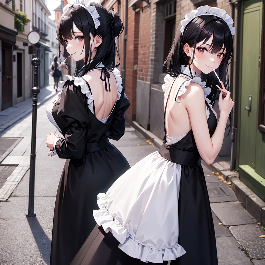 A maid with long black hair smoking a cigarette in a European back alley（１people）turns around with a fearless smile。　Ruffled Skirt