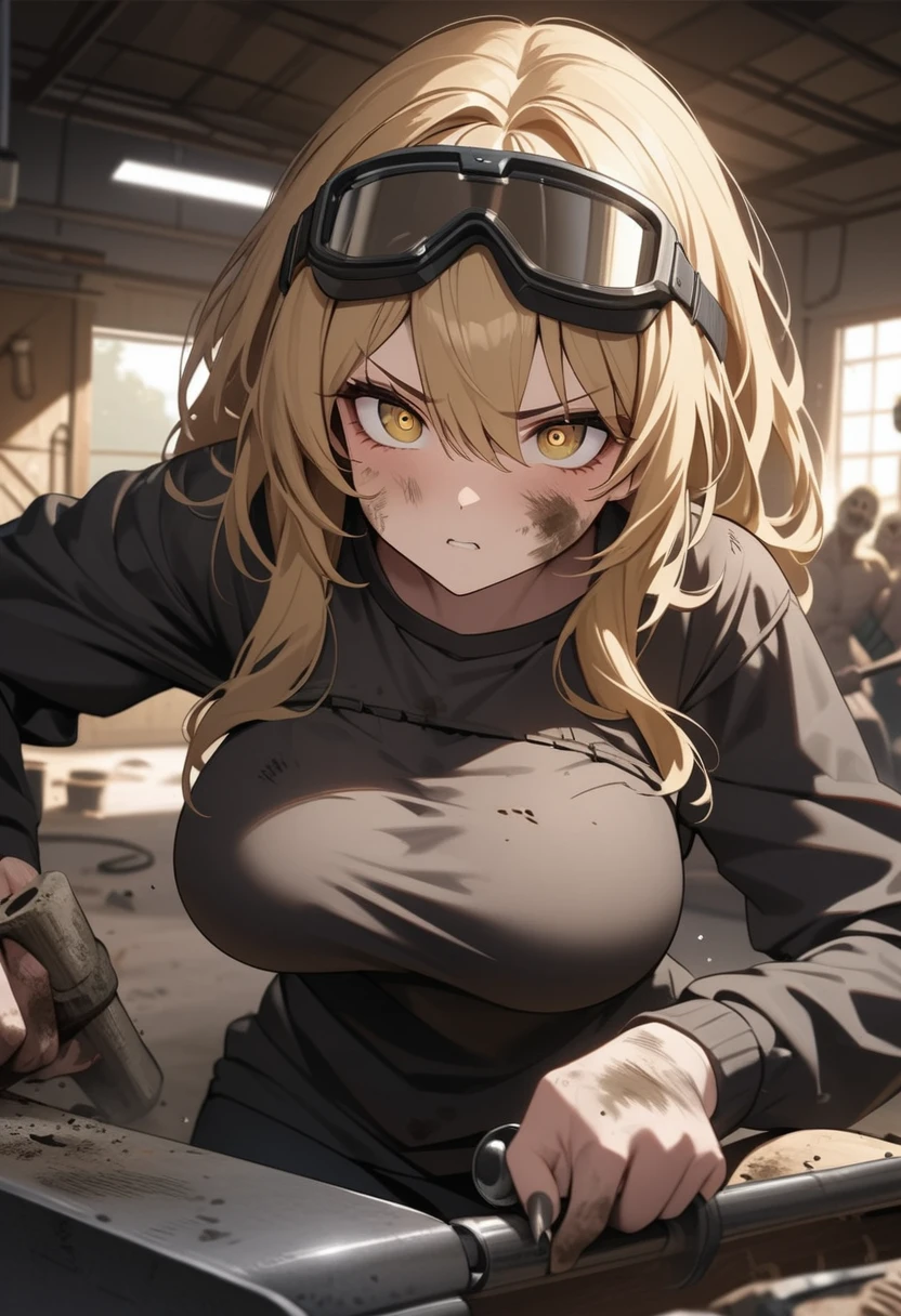 Golden hair, golden eyes with black pupils, woman , big chest, motorcycle goggles, hammering nails, focused, working, dirty, garage, zombie apocalypse, tattered black streetwear, highly detailed, perfect eyes, well defined eyes, highly detailed eyes, expressive eyes, best quality