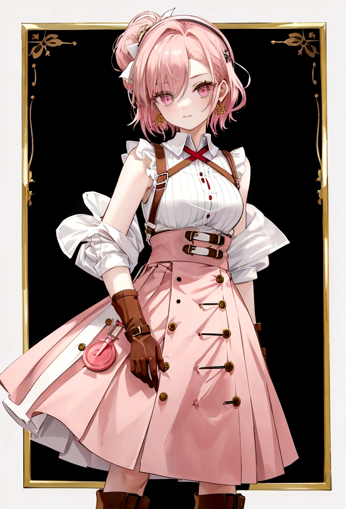 20 years old, with short pink hair just below the shoulders, pale pink eyes, and an expression that is serious yet happy. She dresses in an antique style, wearing a long light brown skirt, a sleeveless white blouse with a vertical red line down the center on the buttons, brown gloves, and high boots with many straps. Her weapons are hundreds of needles connected by thread.