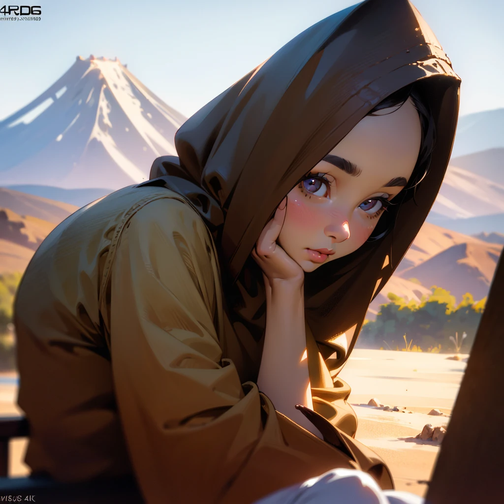 a girl in a brown hijab, dark skin, beautiful detailed eyes, beautiful detailed lips, extremely detailed face and features, long eyelashes, big eyebrows, Fuji volcano in the background, sitting on a bench, reading a book, thoughtful expression, side view, (best quality,4k,8k,highres,masterpiece:1.2),ultra-detailed,(realistic,photorealistic,photo-realistic:1.37),portrait,landscape,natural lighting,warm colors,depth of field