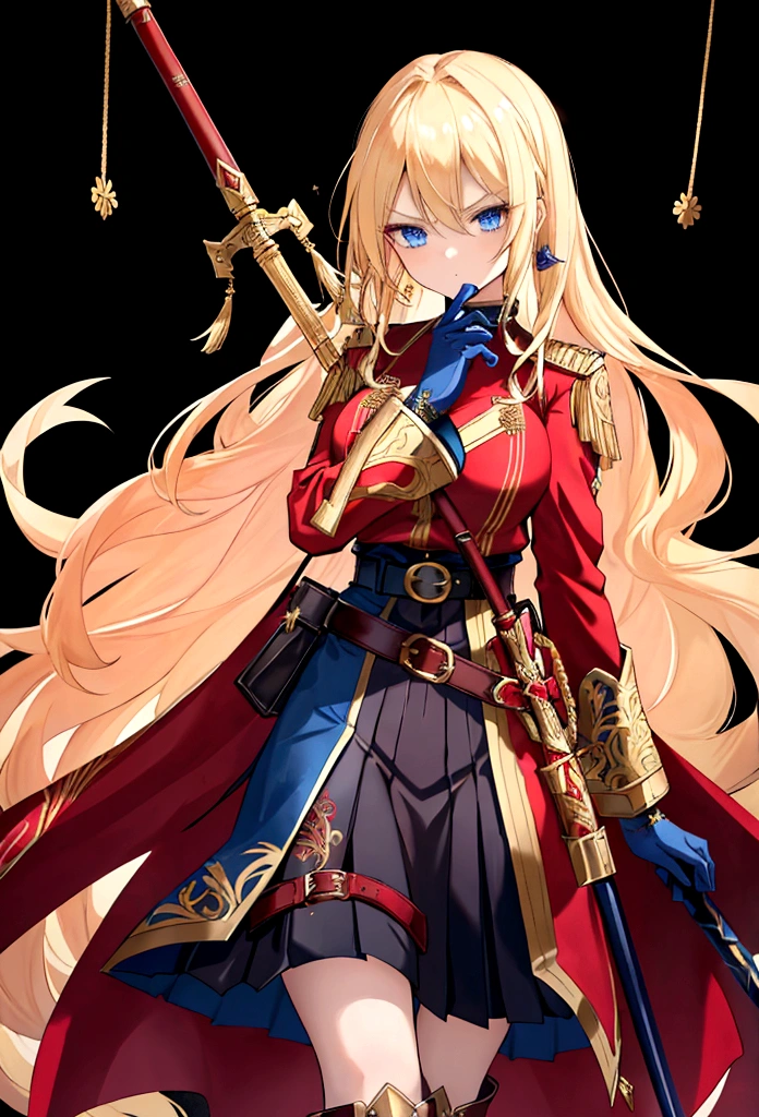 20-year-old anime girl, long blonde hair, blue eyes, angry expression, long dark blue skirt with gold embroidery at the hem, old-fashioned blue blouse with long fitted sleeves, adorned with red details, red leather gloves that reach her elbows, dark brown leather boots that reach mid-calf, leather belt adorned with a golden buckle and red details, her weapon is a huge greatsword with a gold and red decorated handle, hanging on her back in an ornate sheath.