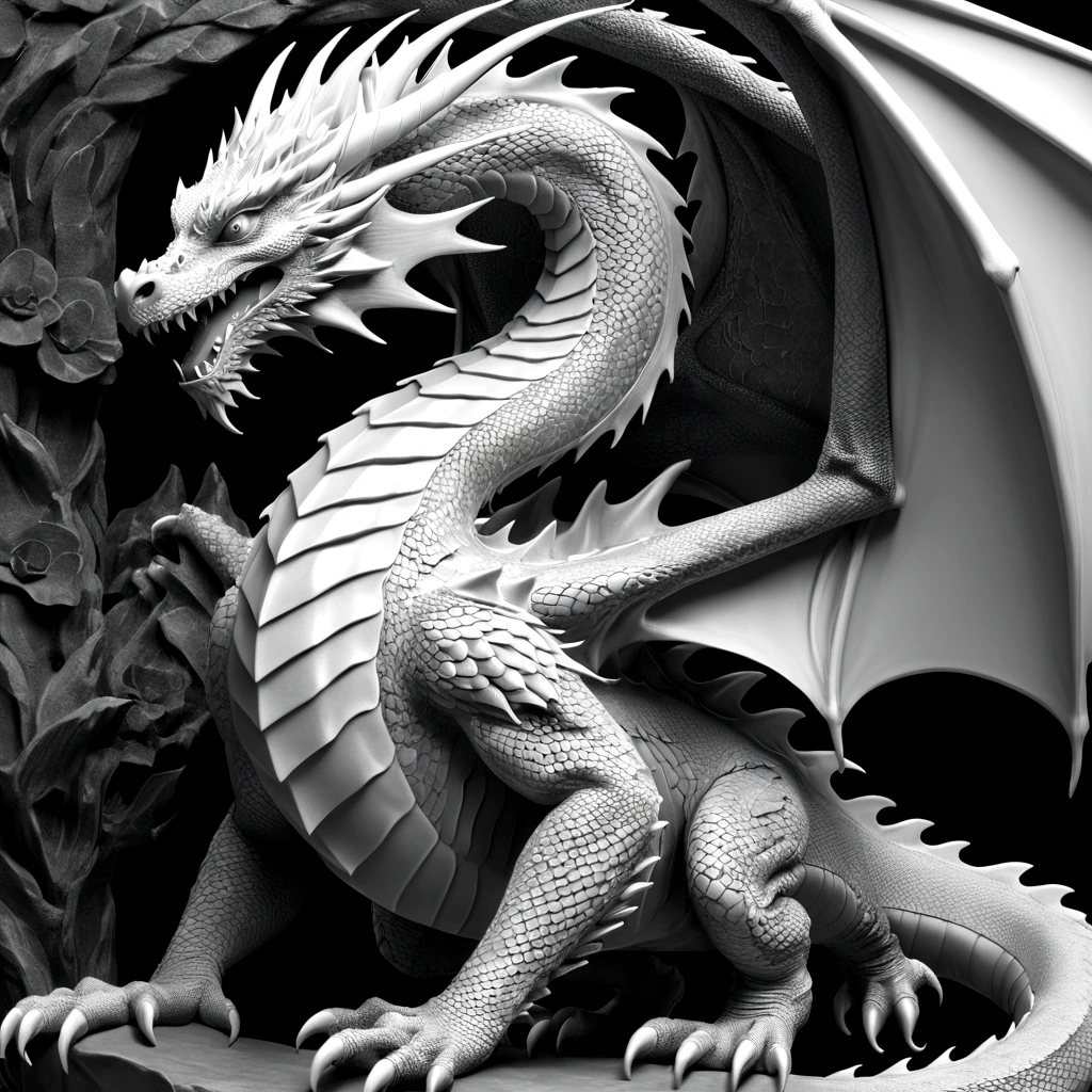 Grayscale 3D relief of a full body dragon, detailed scales and textures, high quality, 3D rendering, grayscale, relief art, CNC machine, detailed scales, realistic textures, professional, highres, ultra-detailed