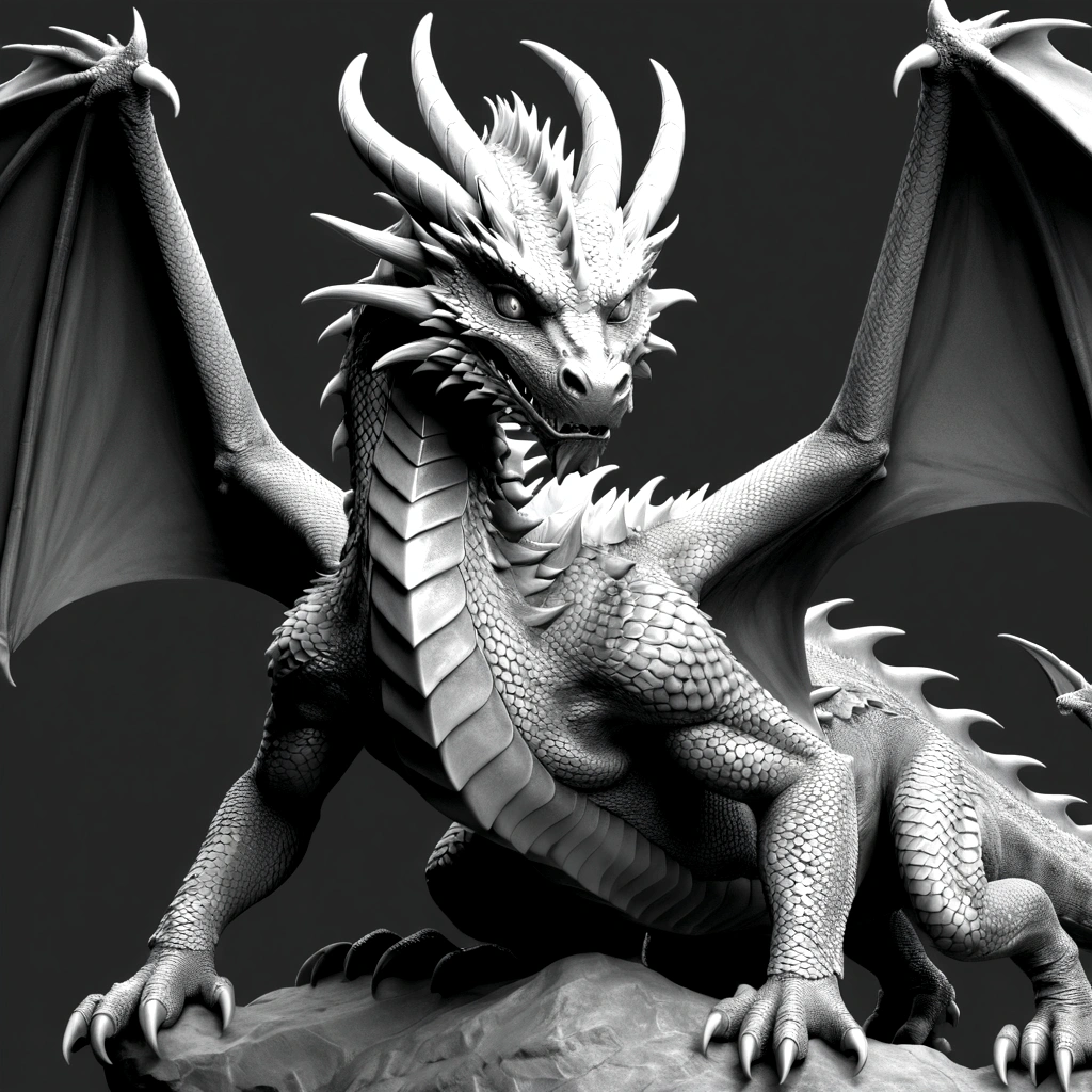 Grayscale 3D relief of a full body dragon, detailed scales and textures, high quality, 3D rendering, grayscale, relief art, CNC machine, detailed scales, realistic textures, professional, highres, ultra-detailed