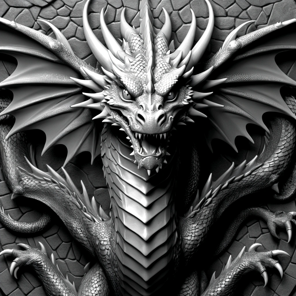 Grayscale 3D relief of a full body dragon, detailed scales and textures, high quality, 3D rendering, grayscale, relief art, CNC machine, detailed scales, realistic textures, professional, highres, ultra-detailed