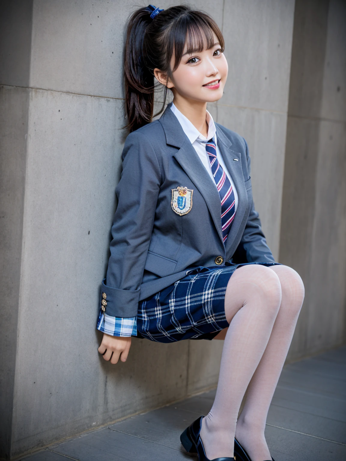(8K), (Highest quality: 1.2), (Realistic), (Realistic: 1.37), Ultra-high resolution, (1 Girl), cute, smile, Mouth closed, Beautiful details, Beautiful Nose, Wet Hair, ponytail,Giant Dulcefo, pork, Thighs，Self Snap,University Uniforms,Simple(Navy Blue Blazer:1.2),Pleated skirt,(The skirt and tie are gray tartan check pattern......:1.3),(Sitting:1), Sit on the ground,(Hold my feet:1),(Pink Pantyhose),from the front,knees