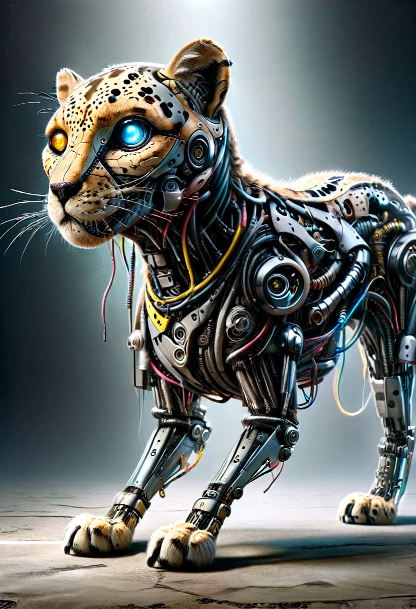 ((a robotic cheetah:1.5, metal cheetah body and face:1.5 with cheetah spots:1.5, neon lights on its body, cables, robotic mechanisms, dynamic and crouching pose, perfect anatomy:1.5)), (best quality, 4k, 8k, high resolution, masterpiece: 1.2), ultra detailed, (realistic, photorealistic, photorealistic: 1.37), cinematic lighting, highly detailed mechanical parts, dynamic action pose, elegant metallic texture, neon reflections bright, complex robotic features, advanced technology, futuristic cyberpunk, vibrant color palette