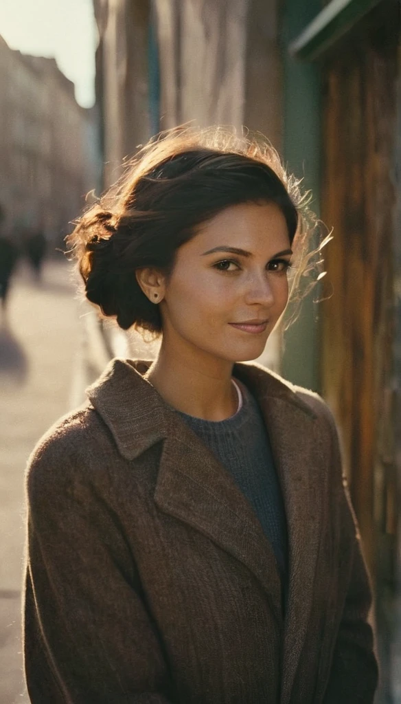 An analog photo of a woman with translucent Hgrande colors. 1963 50mm vintage beautiful photo, morning light, Kodak Camera, soft focus, hq, warm light, muted colors, cozy, atmospheric, sinister, High fidelity. 8k, hq, render, Hyperrealism, cinestill distance light, nina dobrev, looking at the camera, Moody, on Film grain, lens flare, Leica M9, f/1.2, 1/30, ISO 200, 1/250s, f/8, symmetrical balance, in-frame, elegant, highly detailed, subtle smiling, sharp focus, art add mass of colours