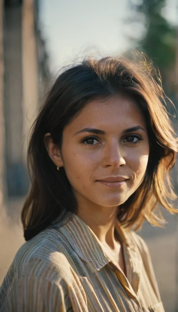 An analog photo of a woman with translucent Hgrande colors. 1963 50mm vintage beautiful photo, morning light, Kodak Camera, soft focus, hq, warm light, muted colors, cozy, atmospheric, sinister, High fidelity.  8k, hq, render, Hyperrealism, cinestill distance light, nina dobrev, looking at the camera, Moody, on Film grain, lens flare, Leica M9, f/1.2, 1/30, ISO 200, 1/250s, f/8, symmetrical balance, in-frame, elegant, highly detailed, subtle smiling, sharp focus, art add mass of colours