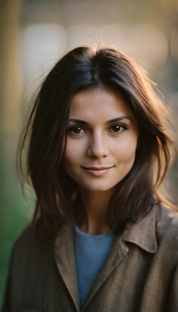 An analog photo of a woman with translucent Hgrande colors. 1963 50mm vintage beautiful photo, morning light, Kodak Camera, soft focus, hq, warm light, muted colors, cozy, atmospheric, sinister, High fidelity.  8k, hq, render, Hyperrealism, cinestill distance light, nina dobrev, looking at the camera, Moody, on Film grain, lens flare, Leica M9, f/1.2, 1/30, ISO 200, 1/250s, f/8, symmetrical balance, in-frame, elegant, highly detailed, subtle smiling, sharp focus, art add mass of colours
