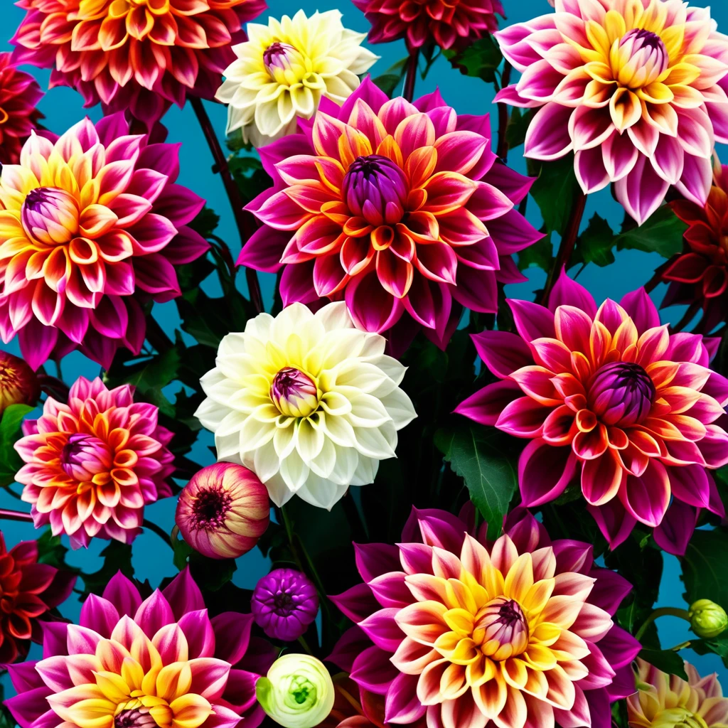 ikebana Dahlia Tubers floral arrangement, high quality, ultra hd, very vibrant and colored, high resolution, super cinematic