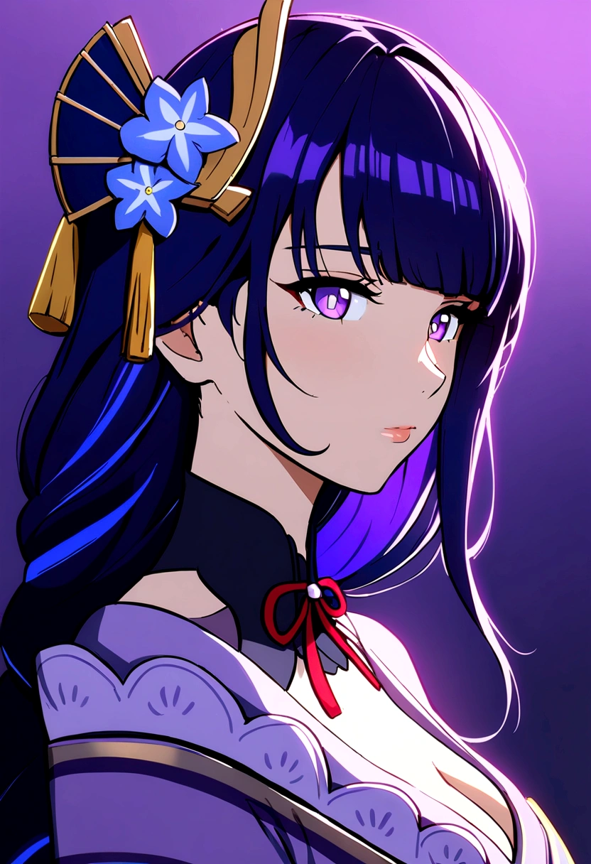 1 girl, raiden shogun, purple hairs, Beautiful, masterpiece, upper body portrait, Fancy Modern cloths, Midjourney art
