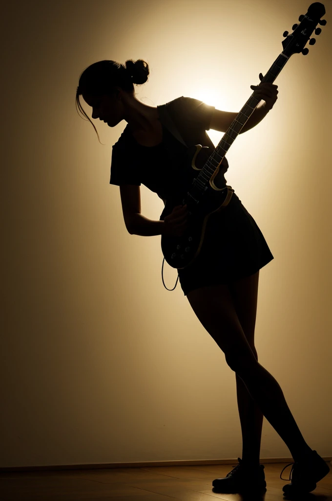 Create the silhouette, shadow of a man with his guitar with hair tied in a high bun against the light