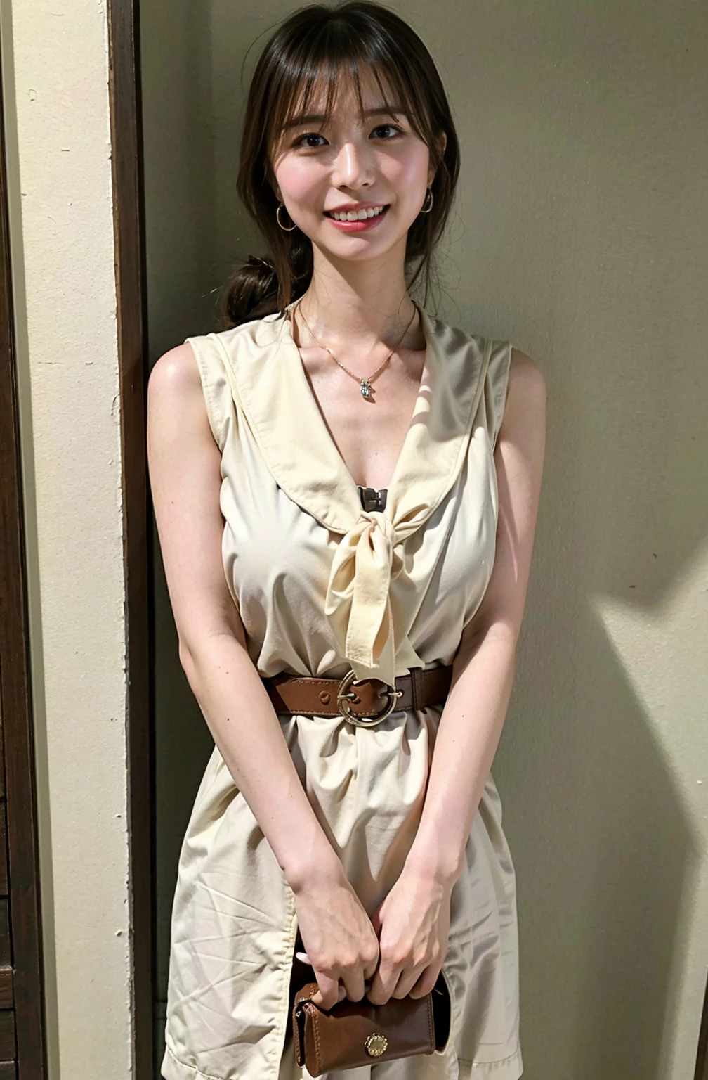 （（Cream hair color、砂浜でsmileで撮影:1.4））、Sleeveless、Outdoor shots、Cute clothes、Tie your hair、Cream hair color、Leather Belt、Her huge breasts are obvious even through her clothes..、Small earrings、Light brown hair color、Tie your hair:1.4））、Shiny Hair、Light beige hair color、Background Blur、Braid only the front hair、Light brown hair、｛｛Cowgirl Shot｝｝、（（Close-up shot from the waist up、Big Breasts:1.4））、Big Breasts、にっこりsmile、Silk clothing、服からでも分かるBig Breasts、Braid only the front hair、Cowboy Shot、A gorgeous white collared silk shirt and a brown skirt、Elegant attire、Luxury Bags、素敵なsmile、（（Revealing clothing））、Full body photo、ring、Short skirt、Tuck your hair behind one ear、Silver Necklace、smile、 Elegant ponytail、Caustics、Highly detailed photos、Very beautiful and ideal short hair、Big Breasts、Super no makeup、(8K、RAW Photos、Highest quality、masterpiece:1.2)、(Realistic、Realistic)、1 Girl、((Big Breastsショートヘア、Looking into the camera:1.4))、Hair blowing in the wind
