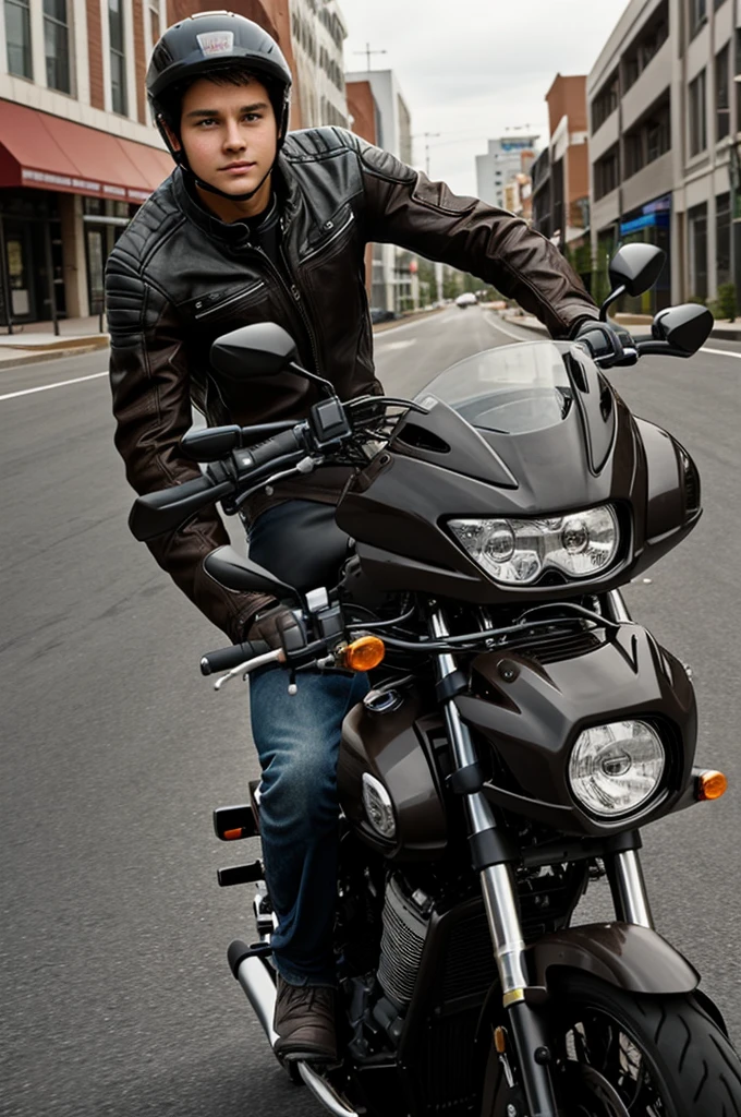 A boy with straight brown hair and dark skin riding a gray sports motorcycle driving through an urban area
