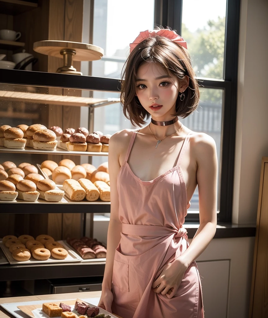 8K, RAW Photos, Fujifilm, ((Highest quality)),((masterpiece)),(detailed),((in the Bakery)),((one girl)),長い髪と白いトップを持つアラフェアジア人woman, (no panties),美しい韓国人woman, 美しい若い韓国人woman, Young and adorable Korean face, ゴージャスな若い韓国人woman, Korean Girls, Girl cute beautiful face, 韓国のwomanアイドルの肖像, Young and pretty Asian face, Cute natural anime face,Asian pretty face,((glistening eyes)),((glistening eyes )),((large eyes)),(( pretty eyes)),((nipple)),(detailed),(beautiful skin),Perfect Face,((One girl)), ((clear eyes)),(scrawny:weight1.0〜2.0)iris, Elevation, space, (Natural Light), Dramatic lighting, Chiaroscuro, Emotional depth,woman,((nude)),((show off nipple)), ((flat chest:1.4)),naked,slender, (a short bob),(well-groomed hair),delicate,Small breasts,((Small breasts)),the body is slender,Beauty,Beauty,4K quality,Young face,Big eyes,Brown eyes,Perfect Face, 17years old,breasts are very small,Model Body Type,Cute Face,Pink nipples,Symmetrical eyes,Glowing eyes,Natural smile,((Always show your boobs)),((Gaunt)),beautiful,((a short bob)), ((half body)),( topless models hoot style),((intricate choker necklace)), (embarrassed blush:1.3),,(steam:0.8),(wet:0.8),(sweat:0.8),(trembling:1.3),(parted lips:1.4),(harf open eyes:1.6),(feeling weak:1.5), (lips),(intricate earrings),((nipple)),((woman posing for a photo)),Photo from the waist up, Fine-boned face, lipstick red,((maid apron))