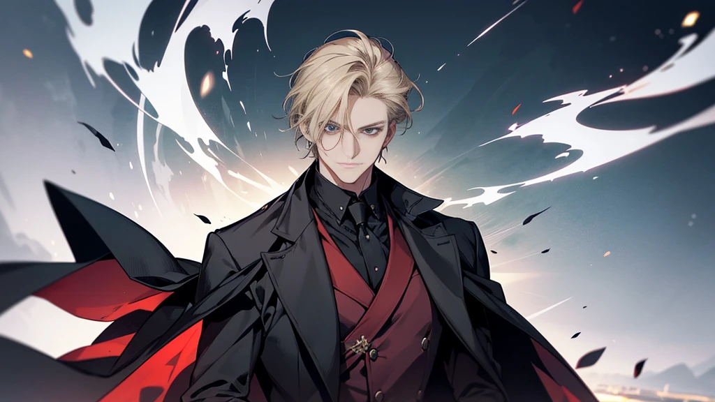 Create an image of a 38-year-old man with short dark blonde hair, dignified and charismatic.. Your hair can be styled in a more natural way., perhaps partially tied or floating gently in the wind. his eyes are purple, transmitting firmness and wisdom. He wears clothes that portray a gentlemanly atmosphere., although it is currently not in service. The suit he wears is completely black., with a loose cloak behind him, reflecting elegance and mystery, Elemental firepower D minus grade, which was responsible for the ability power. How did such a trivial character end up at the prestigious Marchen Academy??