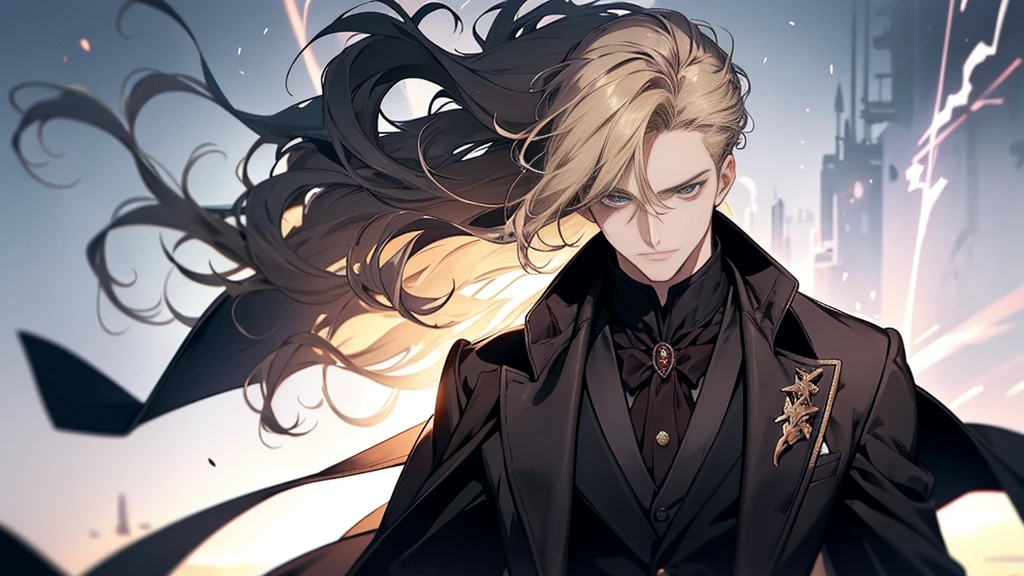 Create an image of a 38-year-old man with short dark blonde hair, dignified and charismatic.. Your hair can be styled in a more natural way., perhaps partially tied or floating gently in the wind. his eyes are purple, transmitting firmness and wisdom. He wears clothes that portray a gentlemanly atmosphere., although it is currently not in service. The suit he wears is completely black., with a loose cloak behind him, reflecting elegance and mystery, Elemental firepower D minus grade, which was responsible for the ability power. How did such a trivial character end up at the prestigious Marchen Academy??
