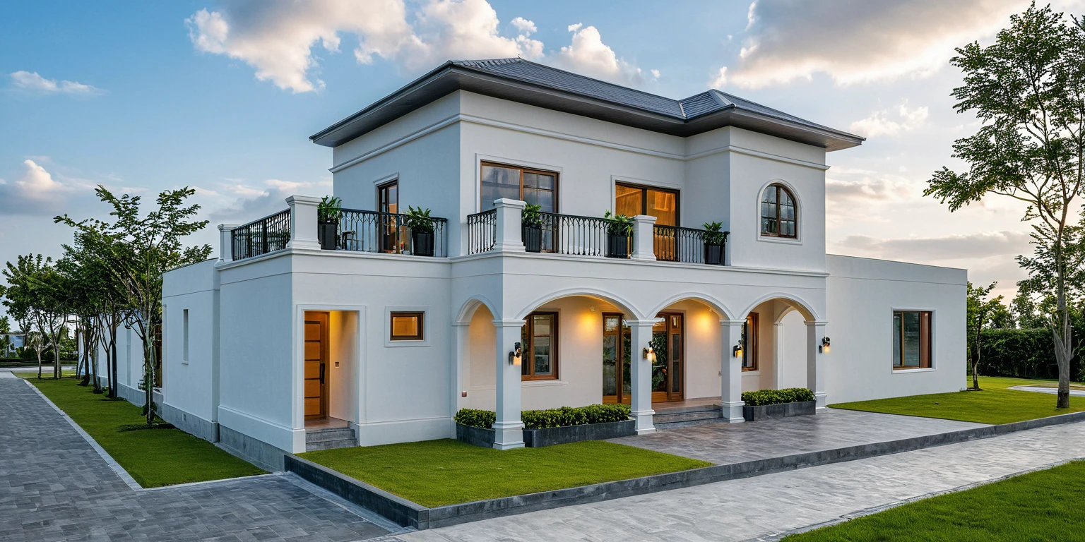 Masterpiece, high quality, best quality, authentic, super detail, outdoors, onestoreyvillaXL, aiaigroup, house style modern on the street ,stairs, white wall ,road,pavement, grass, trees, sky, cloud, (daylight:1.1)

