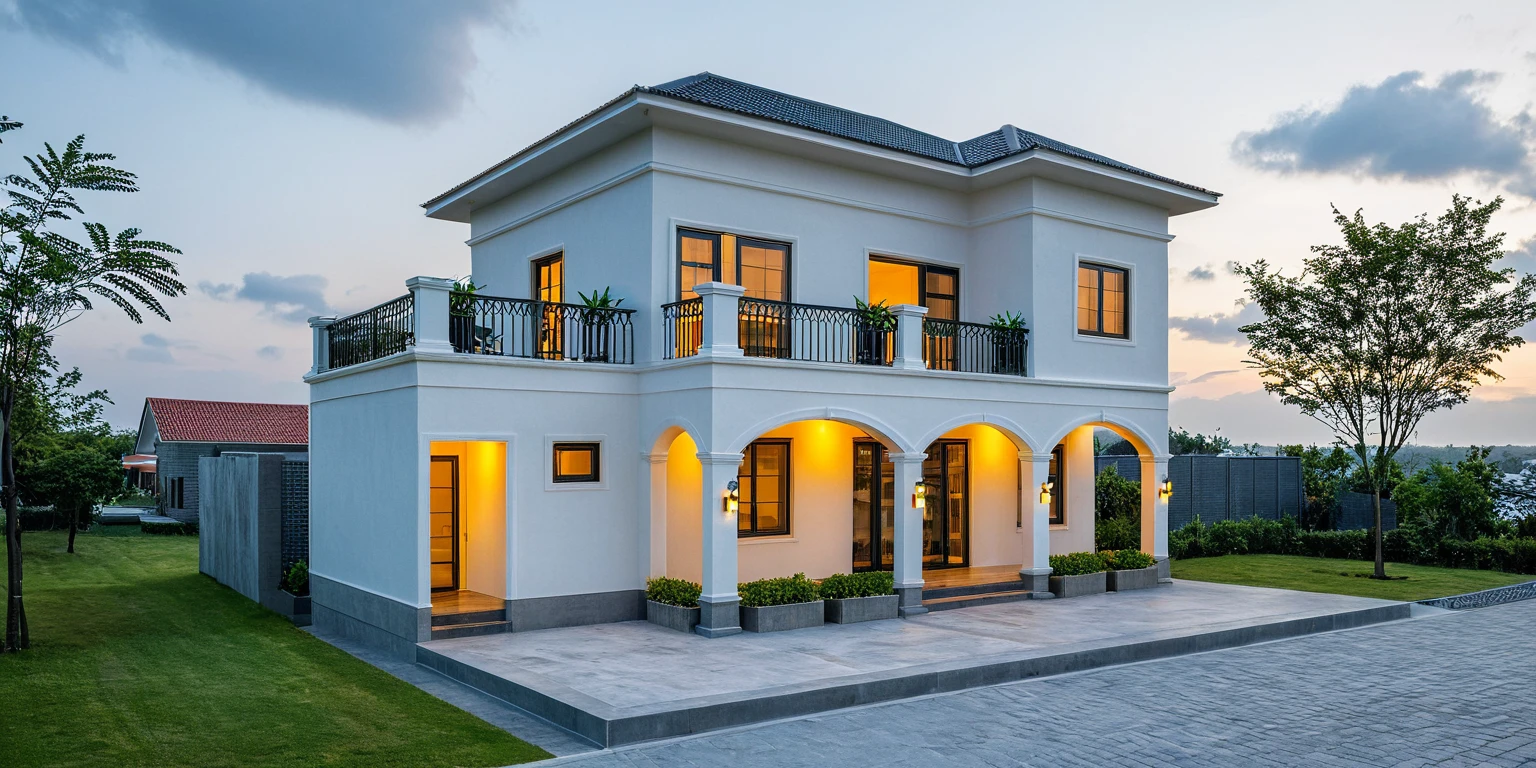 Masterpiece, high quality, best quality, authentic, super detail, outdoors, onestoreyvillaXL, aiaigroup, house style modern on the street ,stairs, white wall ,road,pavement, grass, trees, sky, cloud, (daylight:1.1)
