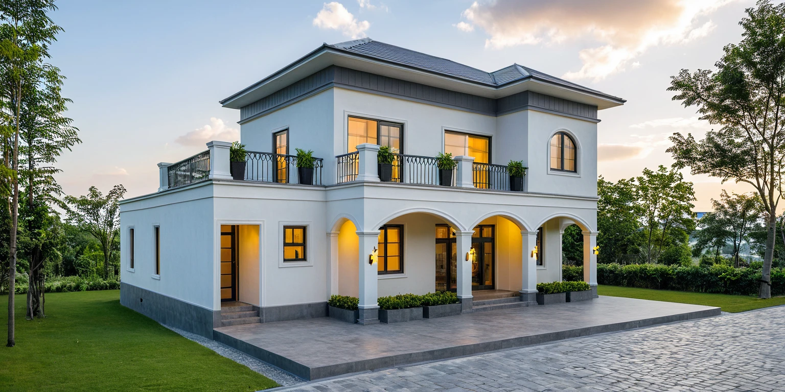 Masterpiece, high quality, best quality, authentic, super detail, outdoors, onestoreyvillaXL, aiaigroup, house style modern on the street ,stairs, white wall ,road,pavement, grass, trees, sky, cloud, (daylight:1.1)