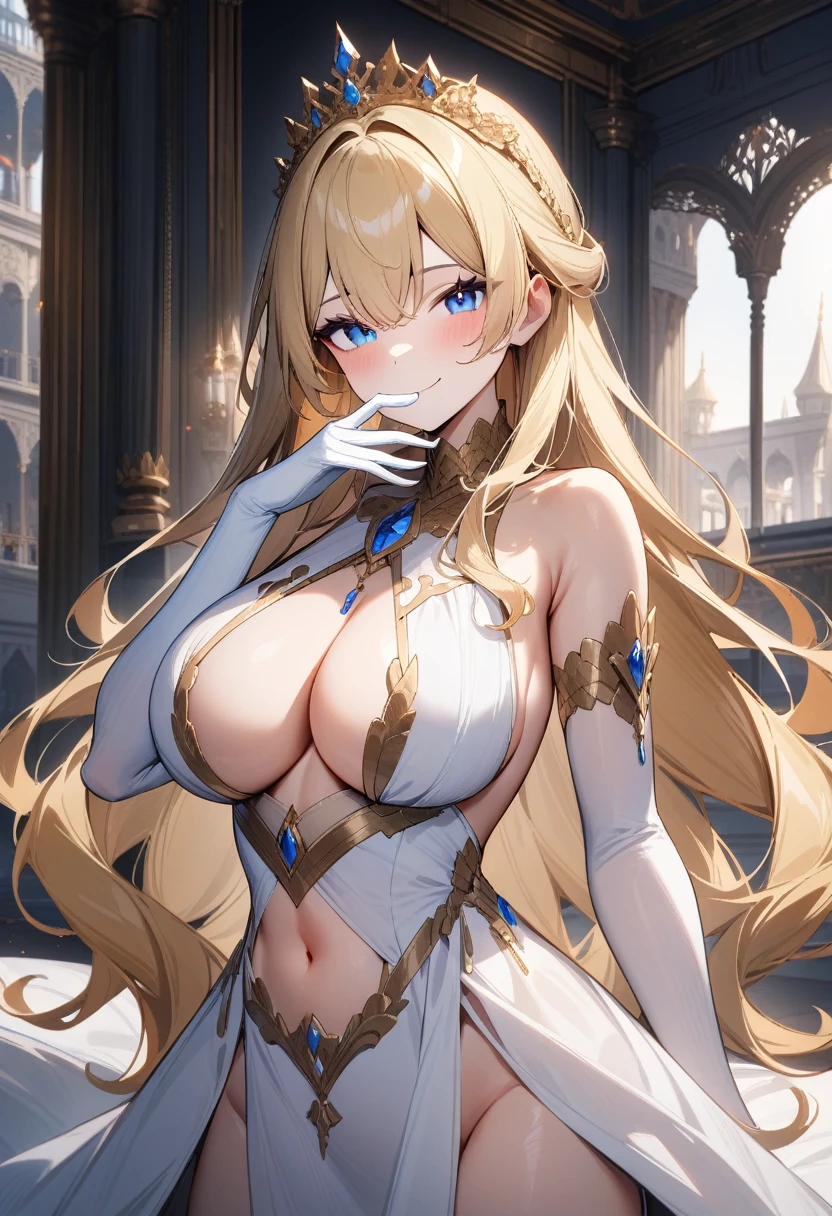 masterpiece, best quality, very aesthetic, absurdres, 1girl, looking at viewer, upper body, long hair, blonde hair, blue eyes, huge breasts, revealing clothes, white dress, standing, hand over own mouth, smile, indoors, on bed, palace