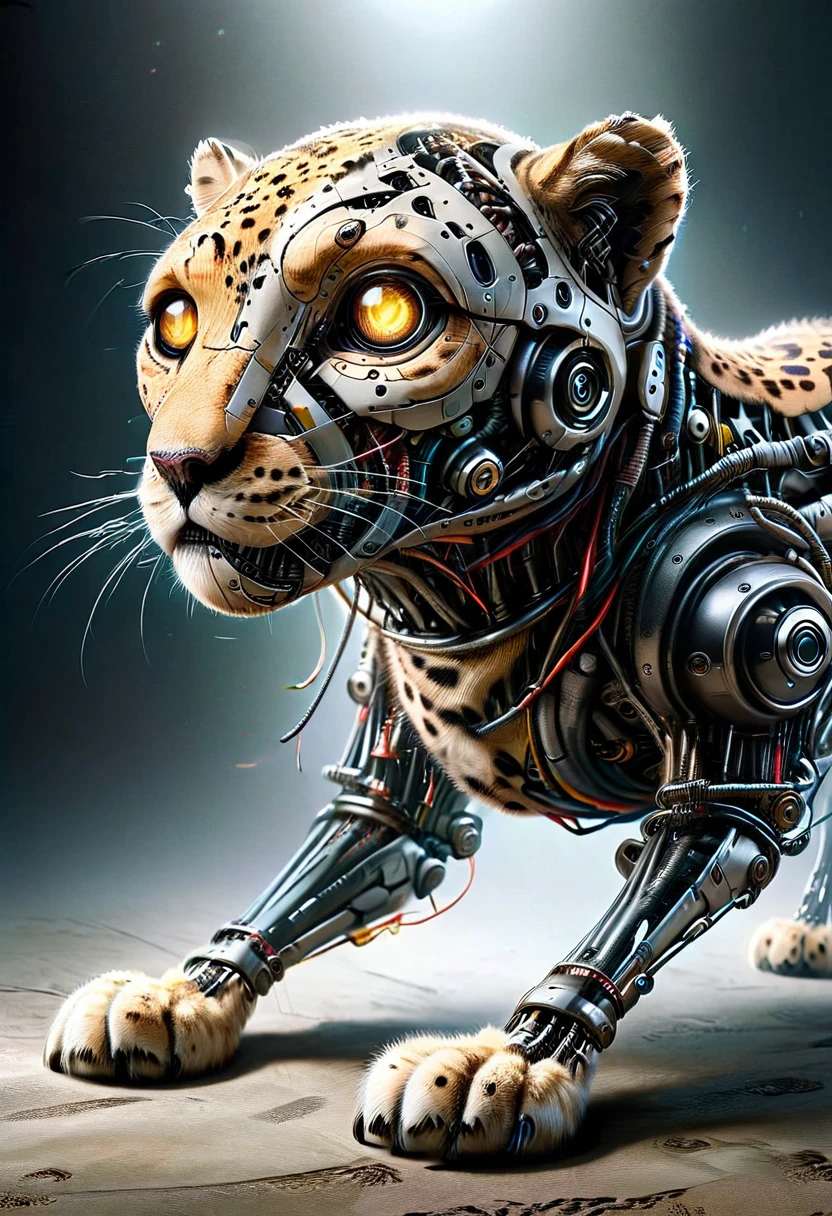 plano general, cuerpo entero, ((a robotic cheetah:1.5, metal cheetah body and face:1.5 with cheetah spots:1.5, neon lights on its body, cables, robotic mechanisms, dynamic and crouching pose, perfect anatomy:1.5)), (best quality, 4k, 8k, high resolution, masterpiece: 1.2), ultra detailed, (realistic, photorealistic, photorealistic: 1.37), cinematic lighting, highly detailed mechanical parts, dynamic action pose, elegant metallic texture, neon reflections bright, complex robotic features, advanced technology, futuristic cyberpunk, vibrant color palette