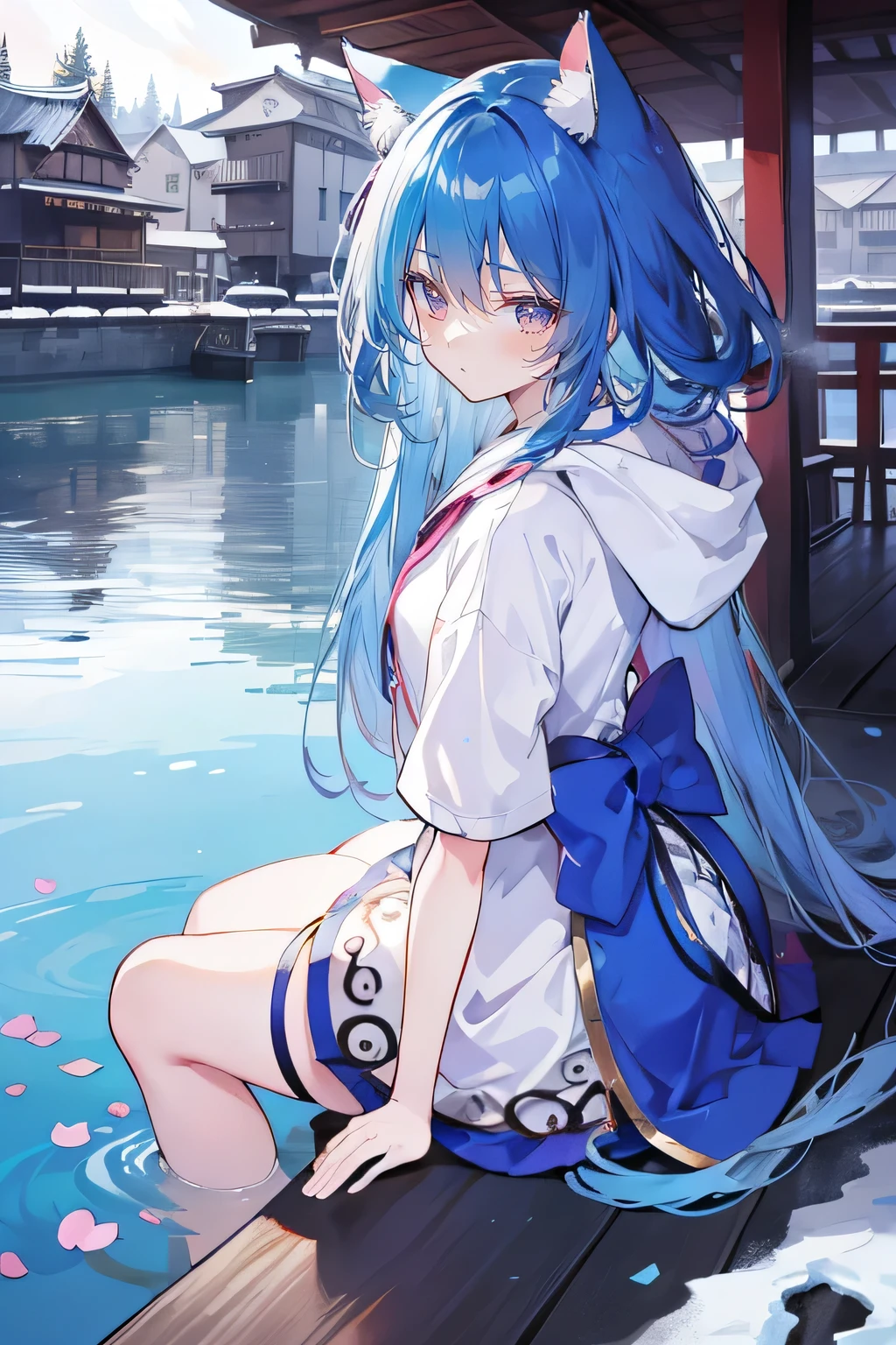 (masterpiece:1.2),Super detailed,lifelike,Expressive eyes,fair skin,perfect face shape,1 girl,
Japanese comics,Gorgeous blue hair,flowing blue hair,flowing clothes,Cat ears,Petals fall,beautiful lola,Baby Angel,
Shaking head with one hand,Cross your legs,Gentle and peaceful background,The pavilion is cool and comfortable,smile, wearing hoodie, background of tokyo,back views,snowing, winter,lie on the water.