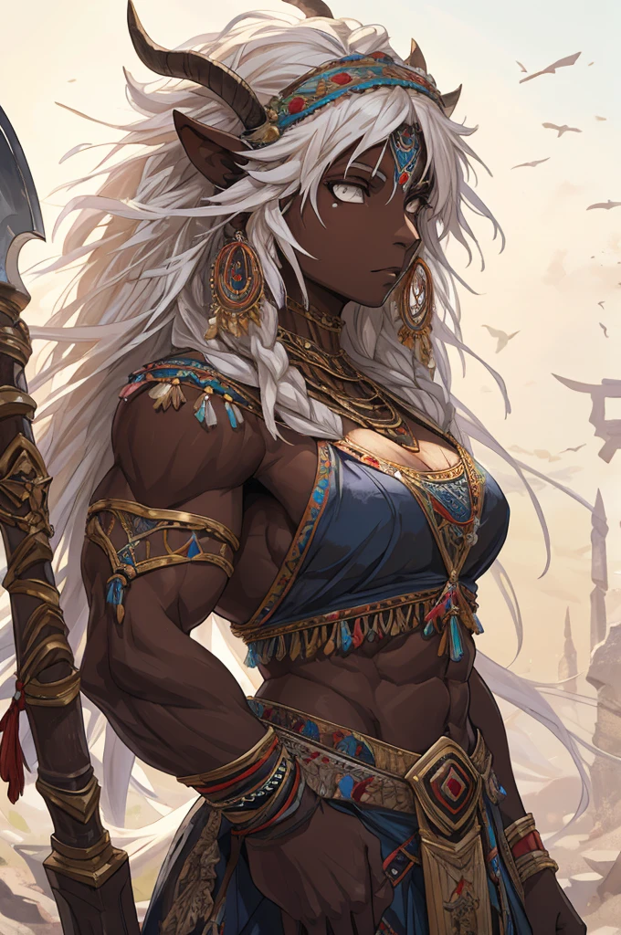 1 sheep woman, sheep's snout, shaman outfit, white hair, dark-skinned female, dark skin, anime art, holding an axe with both hands, muscular female, pointed nails, messy hair, white eyes, perfect eyes, original, (masterpiece), (illustration), (extremely fine and beautiful), perfect detailed, photorealistic, (beautiful and clear background:1.25), (depth of field:0.7)
