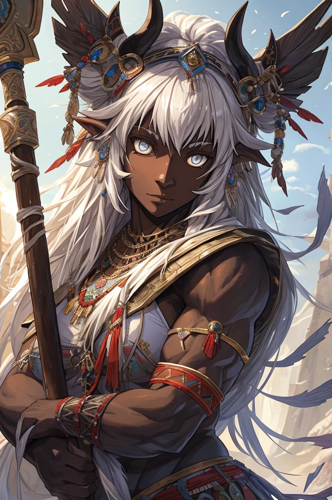 1 sheep woman, sheep's snout, shaman outfit, white hair, dark-skinned female, dark skin, anime art, holding an axe with both hands, muscular female, pointed nails, messy hair, white eyes, perfect eyes, original, (masterpiece), (illustration), (extremely fine and beautiful), perfect detailed, photorealistic, (beautiful and clear background:1.25), (depth of field:0.7)