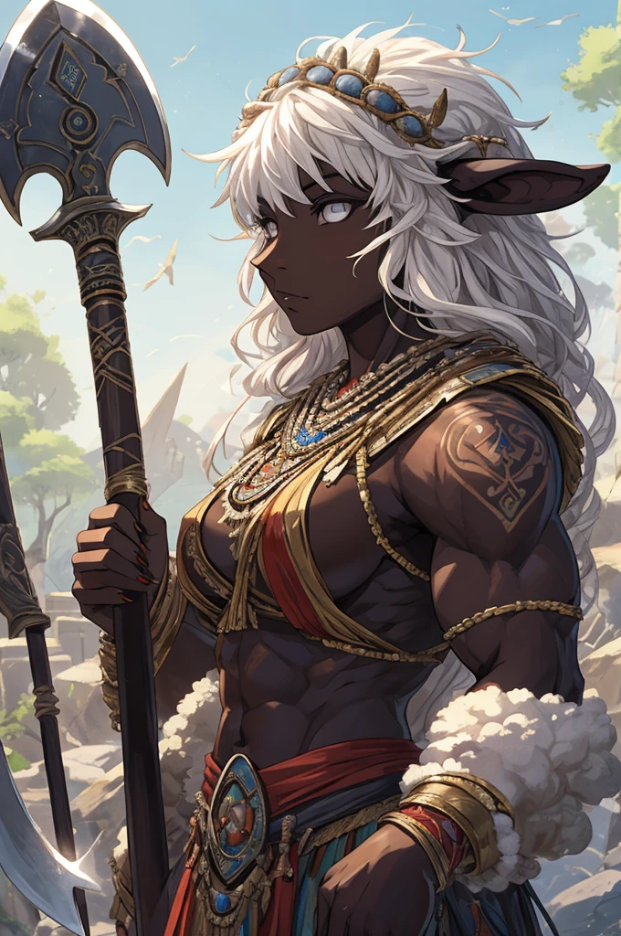 1 sheep woman, sheep's snout, shaman outfit, white hair, dark-skinned female, dark skin, anime art, holding an axe with both hands, muscular female, pointed nails, messy hair, white eyes, perfect eyes, original, (masterpiece), (illustration), (extremely fine and beautiful), perfect detailed, photorealistic, (beautiful and clear background:1.25), (depth of field:0.7)
