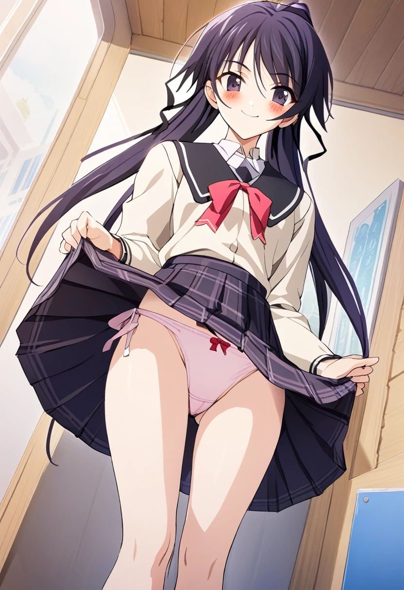 One girl,((takano)),blush,smile、Welcome、The whole body is shown、noon、School、stage、uniform、skirt、Pink string panties、skirt lift,panty shot,Are standing、from below,A complete depiction of the human body,masterpiece, Highest quality, Game CG, ultra detailed、highres、extremely detailed CG