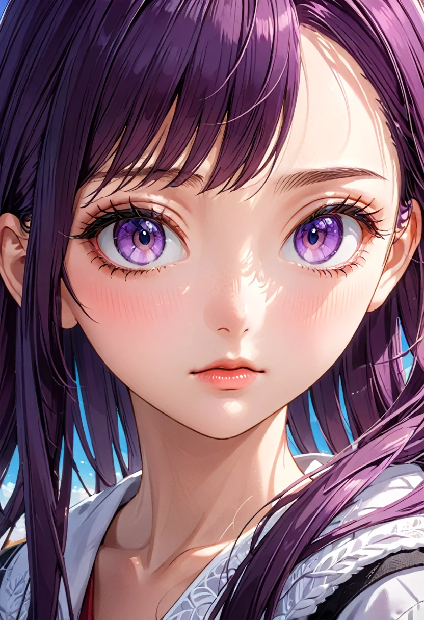 a anime girl with long hair and purple eyes, colorized photo by Rei Kamoi, trending on pixiv, remodernism, official art, ultra detailed, anime, beautiful detailed eyes, beautiful detailed lips, extremely detailed face, long eyelashes, portrait, digital painting, vibrant colors, warm lighting, cinematic composition, photorealistic, high quality, masterpiece, hyper detailed, 8k, best quality