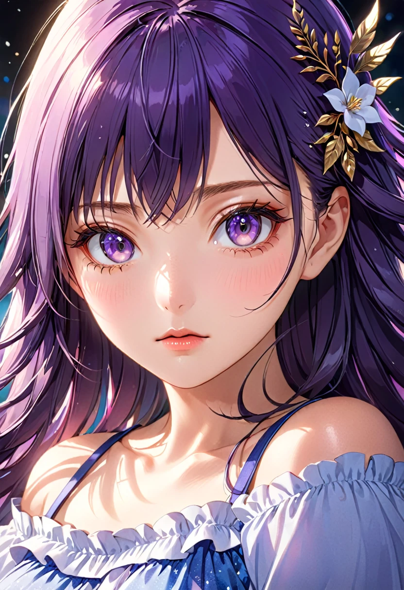 a anime girl with long hair and purple eyes, colorized photo by Rei Kamoi, trending on pixiv, remodernism, official art, ultra detailed, anime, beautiful detailed eyes, beautiful detailed lips, extremely detailed face, long eyelashes, portrait, digital painting, vibrant colors, warm lighting, cinematic composition, photorealistic, high quality, masterpiece, hyper detailed, 8k, best quality
