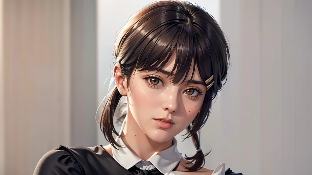 (((Perfect body,White and tender skin,(((black dress, pinafore dress, sleeveless dress, white shirt, black ribbon, neck ribbon, long sleeves, black choker,))),(((Kobeni Higashiyama, black hair, hair ornament, hairclip, ponytail, short hair, (brown eyes:1.5),))),((masterpiece)),highres,((Best quality at best)),masterpiece,quality,Best quality,((( Exquisite facial features,Looking at the audience,There is light in the eyes,(((frown,Wronged))),Look up))),(((Light and shadow,Huge breasts,))),(((Looking at the camera,White background))))