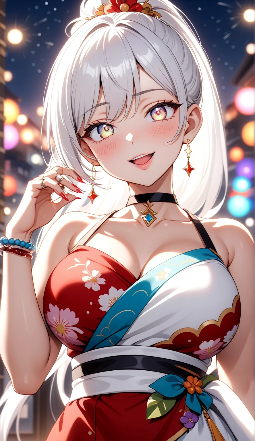 ((One personの女性)), Beautiful Face,Laugh shyly,((Wink:1.9)),Laugh with your mouth wide open((Bright red cheeks:1.4)),Shiny red lips,night,rooftop,Festive decorations,You can see the ocean, firework,Laughing with your mouth open,Glossy pink lips,Lighting on the face,((Anime style background)),masterpiece, Highest quality, so beautiful,Latest, Complex details, (Pink long nails),(ring),(bracelet),(choker),AI-generated, Complex,High resolution, Highest quality, super high quality,3D Images、3D Images,One person,Long white hair,High Ponytail,(White eyes),Anime woman posing for a photo, ((fine grain、Silver-white colorful eyes、Shining Eyes:1.4)),(Squint your eyes:1.1),a hyperRealistic , hyperRealistic , Realistic,Long white hairのアニメ女性, Smooth anime CG art, A woman in a colorful kimono with gold embroidery, (black furisode),Red floral pattern,Long flower hair ornament,big floral earrings,Mature Body,(Big Breasts:1.1),expensive,Abdominal muscles,Narrow waist,(Zoom up to face:1.7),Shooting from diagonally below