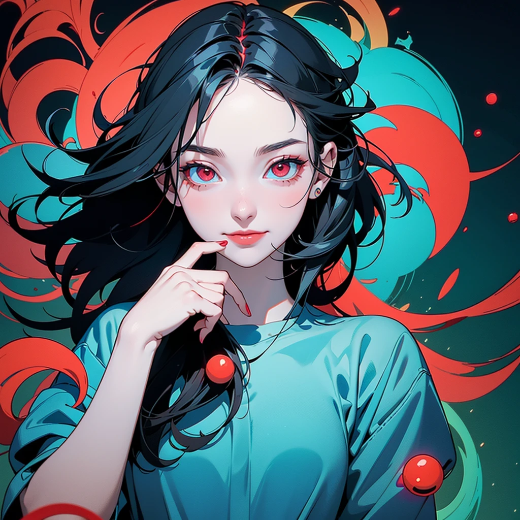 girl, holding a jar with many blue and red pills, several blue and red pills floating, slight smile, red eyes, very pale skin, black hair, green image background, madness and psychedelic image, various factors of madness and scrizophenia, elements of madness of the human mind.