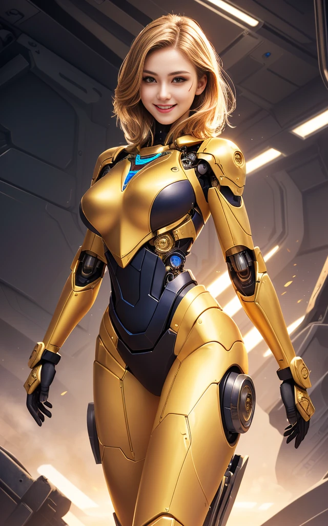 a beauty girl, cyborg, golden zerosuit, bobhair, smile, stunning proportions, large breasts, photorealistic, intricate details, breastplate, shoulderplate