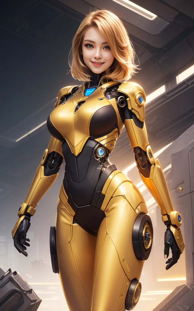 a beauty girl, cyborg, golden zerosuit, bobhair, smile, stunning proportions, large breasts, photorealistic, intricate details, breastplate, shoulderplate