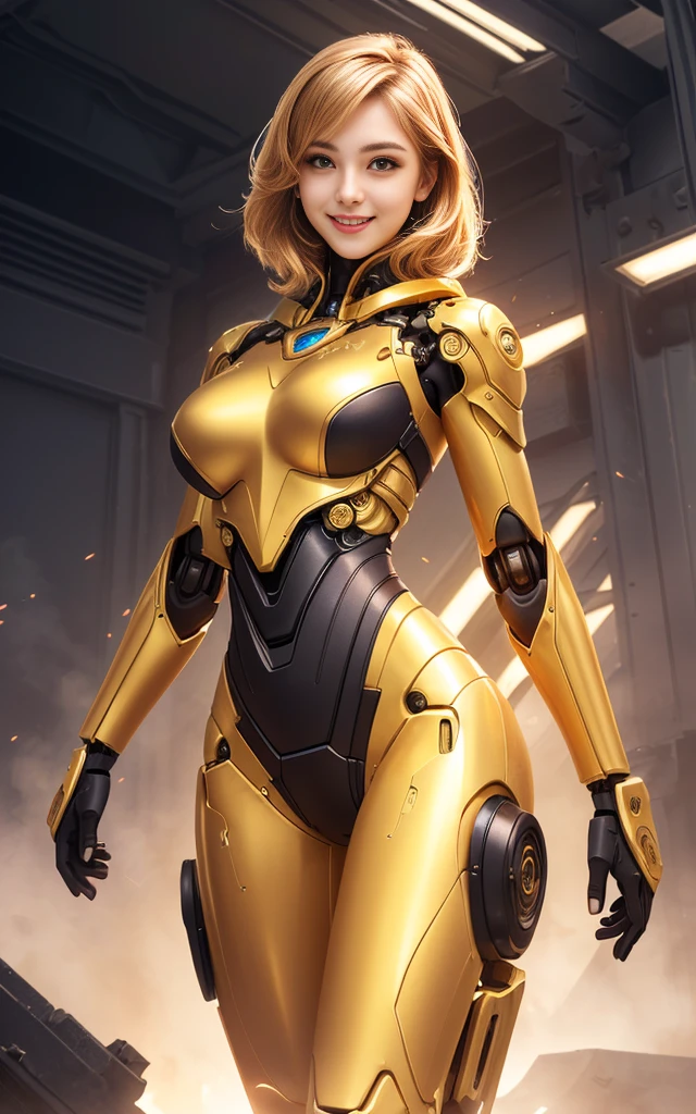 a beauty girl, cyborg, golden zerosuit, bobhair, smile, stunning proportions, large breasts, photorealistic, intricate details, breastplate, shoulderplate