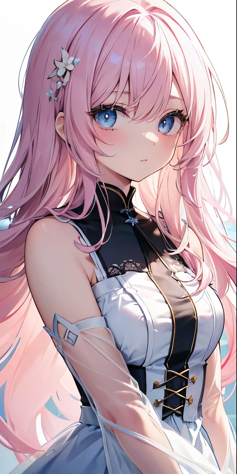 (Detailed Light, Detailed Shadows), 1 Female, Girl with long straight hair、Light pink hair、blue eyes、A white dress with a deep pink ribbon、Black lace pink hair, close, Portraiture, (明るいblue eyes), Very fine clothing, ((Modern Fashion)), Beautiful Hair, Muscular, Let your hair down, background:Very detailed, 美しいbackground, (Long Hair), compensate, Pokémon Trainer, White bloom on the head