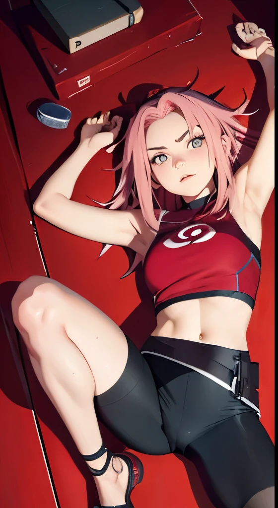 masterpiece， Best quality at its best， 1 girl，(open waist:1.5) ，Sakura Haruno，red clothes ，（split)，lying on his back , full length,raised sexy，angry，with pink hair， long pink hair， （Green Eyeballs:1.4)， Forehead Protection ,tight black glossy bicycle shorts, knees bent, view from above, the back is arched back, legs spread wide, hands raised up and tied with rope, full length, соски просвечивают 