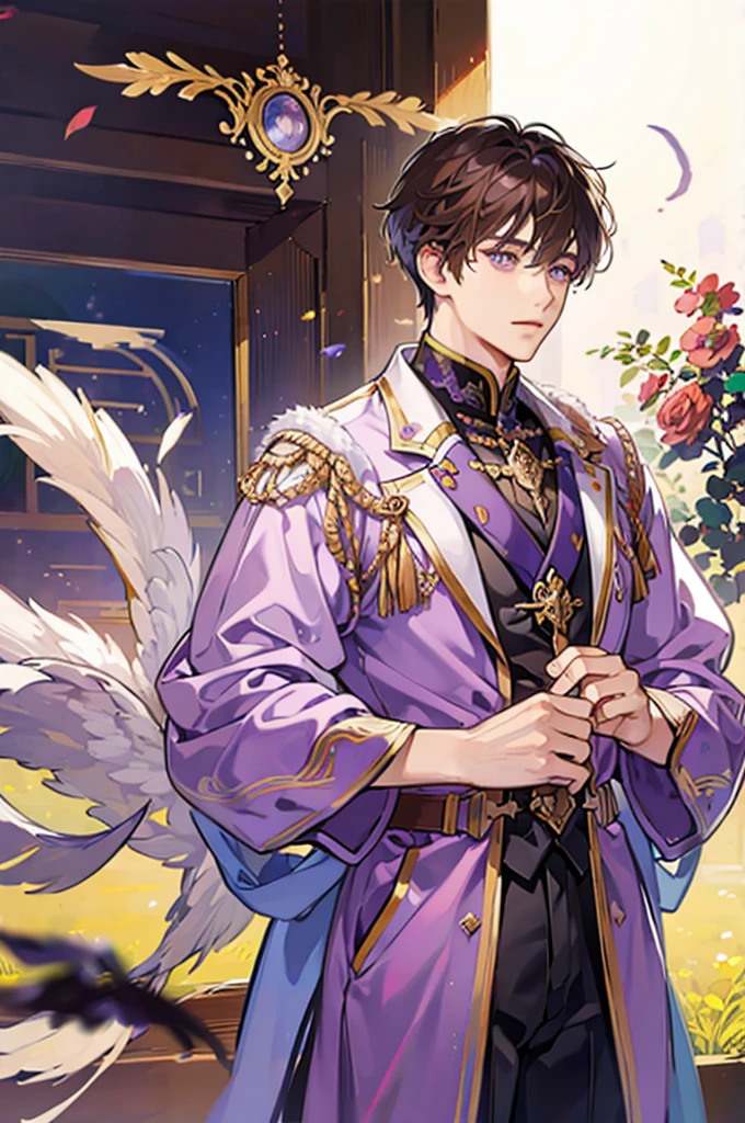 A man with brown hair and purple eyes., wearing an emperor&#39;s tailcoat, and bathe in the flames of hell