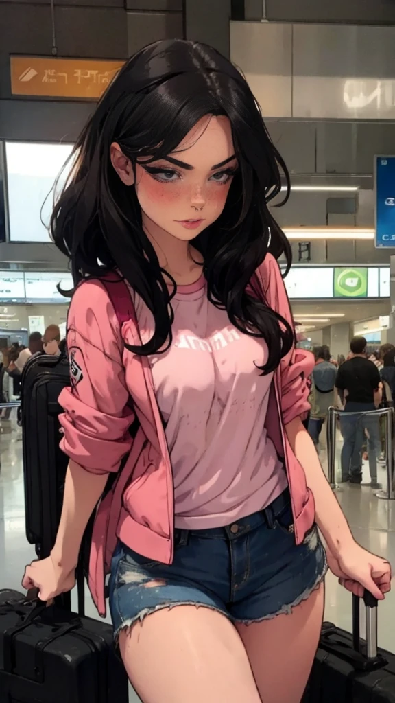 A beautiful woman, detailed eyes, Messy dark hair, during, He is wearing a pink t-shirt with a cute design., a jacket, some shorts, airport, carrying a suitcase, front view, blush, posing, perfect hands, good anatomy, curvy