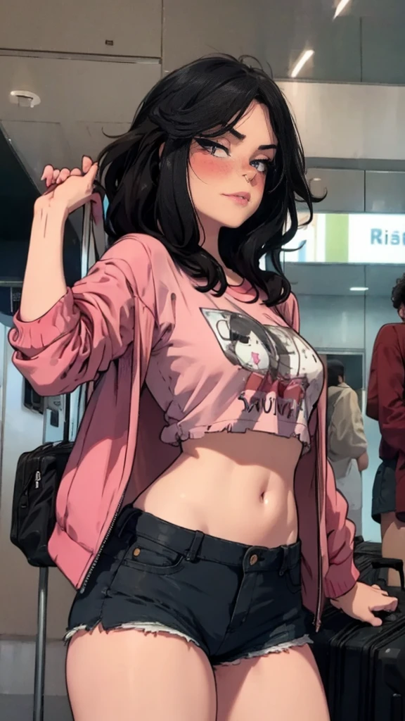 A beautiful woman, detailed eyes, Messy dark hair, during, He is wearing a pink t-shirt with a cute design., a jacket, some shorts, airport, carrying a suitcase, front view, blush, posing, perfect hands, good anatomy, curvy