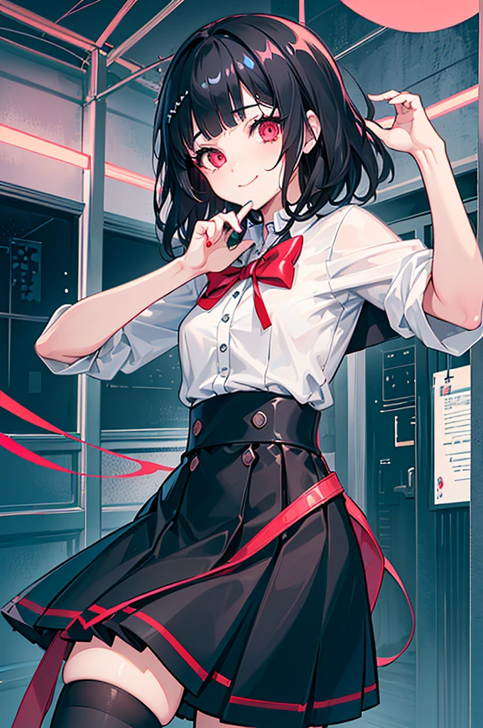 ((school background)),original,(illustration:1.1),(best quality),(masterpiece:1.1),(extremely detailed CG unity 8k wallpaper:1.1), (colorful:0.9),(mid shot:0.95),(highly detailed beautiful face and body),(solo:1.2), (girl),(loli), (detailed beautiful eyes:1.15), (beautiful face:1.15), (glowing red eyes:1.25////),((jewel-like eyes)),(petite),(cute girl),(((black medium hair))),pink inner color,((blunt bangs,)),(+perfect hand+:1.21),(Religious),(slender),(black clothes),small breasts,miniskirt,slim body,(smile),school background,fashion,tokyo,harajuku,(black school uniform),((in the class room,))