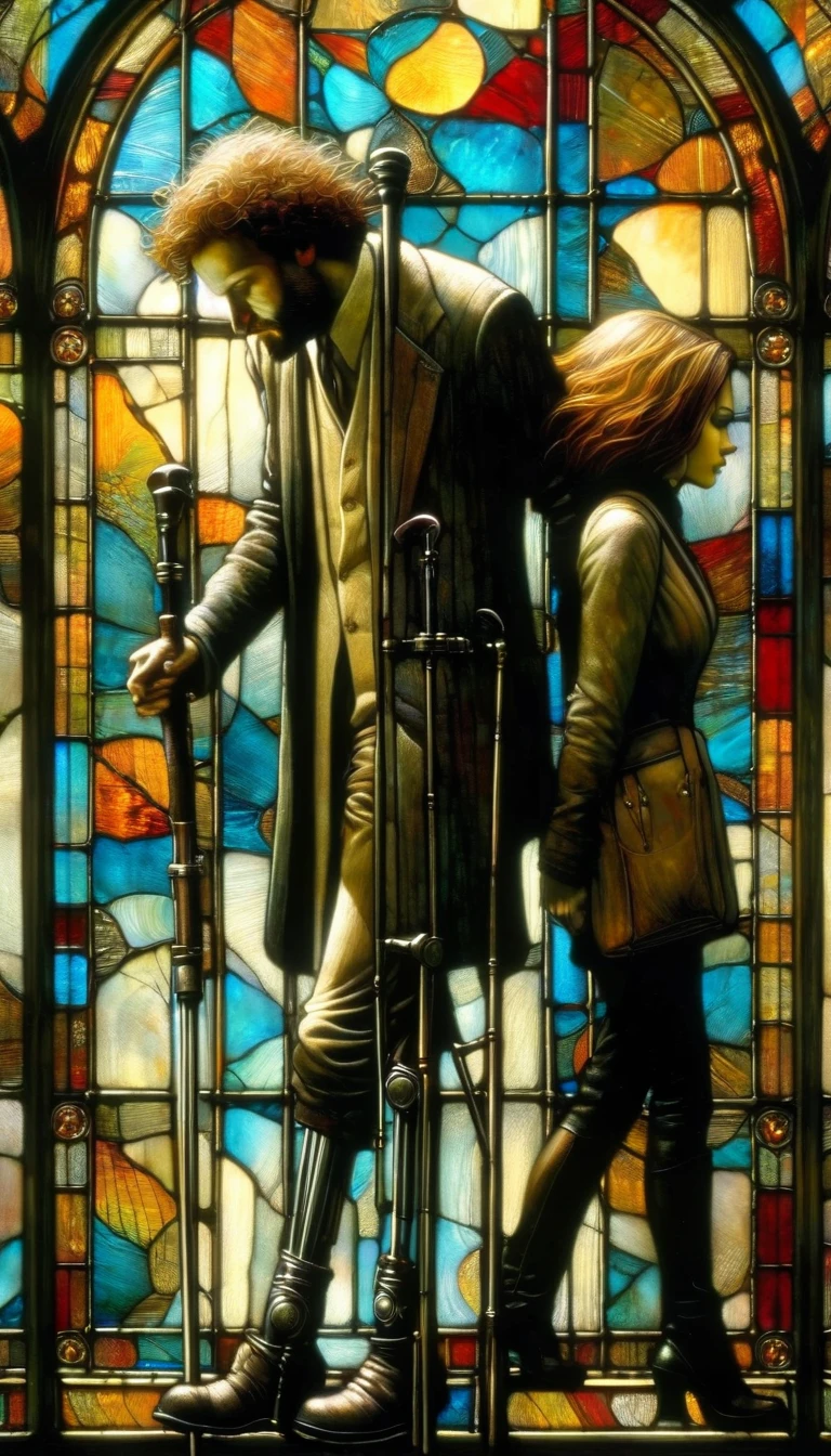 a man on crutches and a woman walk past a stained glass window (man on crutches) (Dave Mckean inspired art, intricate details, oil painting)