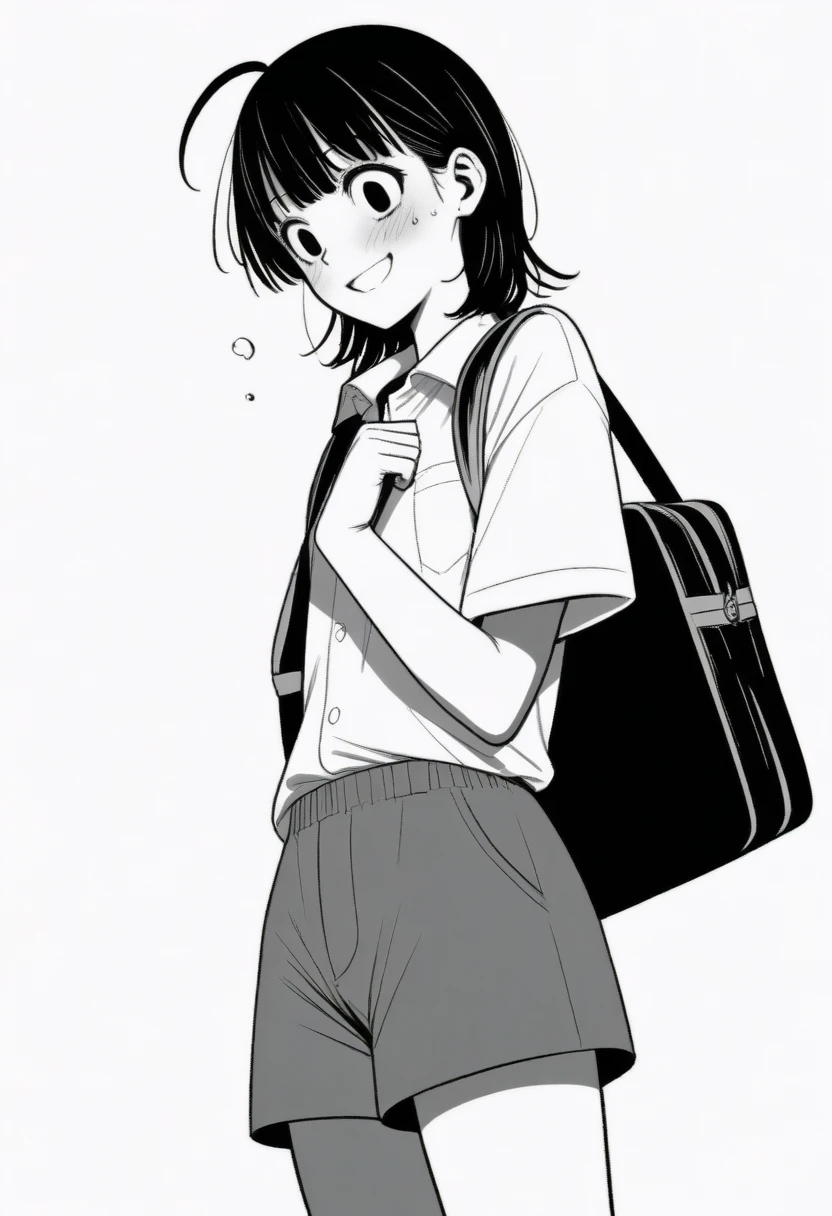 masterpiece, best quality, 1girl, mamerakkkkko, grayscale, manga style, japanese, chi no wadachi, black eyes, street, iced, black hair, schoolbag, smile, lineart, white background, white shirt, grey shorts, centered, 18 years old, tall, fair skinned